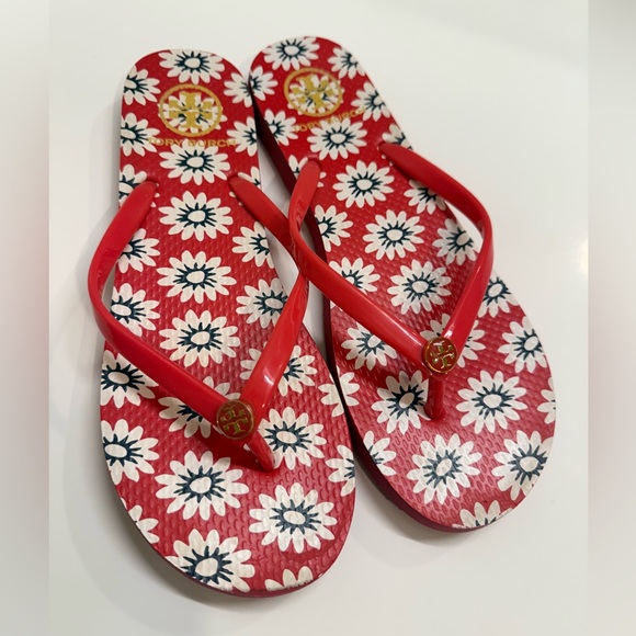 Tory Burch Red Nantucket Daisy Floral Flip Flop Sandals Size 9 - Picture 3 of 9
